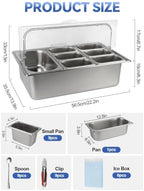 9 Grids Pizza Topping Storage Station with Flip Lids, Ice Box in Flip Cover 10 Pans in silver, alternate view 3