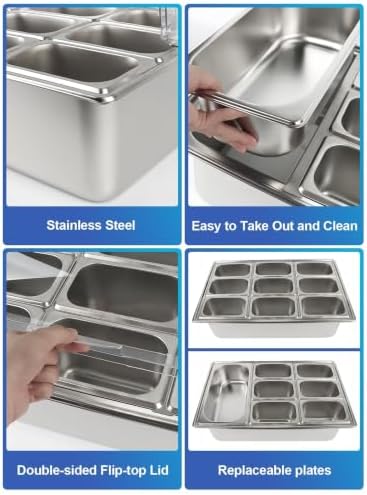 9 Grids Pizza Topping Storage Station with Flip Lids, Ice Box in Flip Cover 10 Pans in silver, alternate view 4