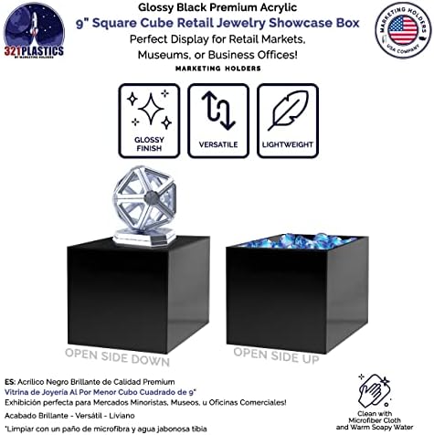 9 Inch Acrylic Display Riser Box with One Open Side No Lid Versatile Glossy Black Square Lucite Retail Product, alternate