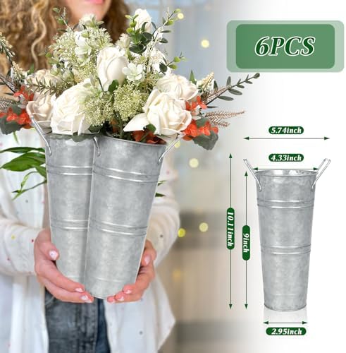 9 Inch High Galvanized Bucket Vase w/Handle 6Pcs White Metal Vases, alternate view 4