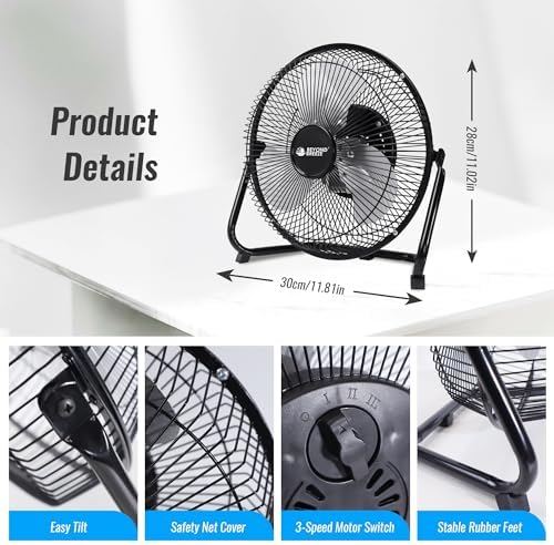 9 Inch Metal Floor Fan with Upgraded Airflow, Black in Black, alternate view 3