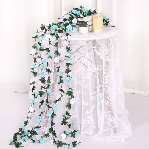 9 Pack 72 FT Artificial Flower Garland Fake Blue White Roses Vines Flowers, alternate view 2