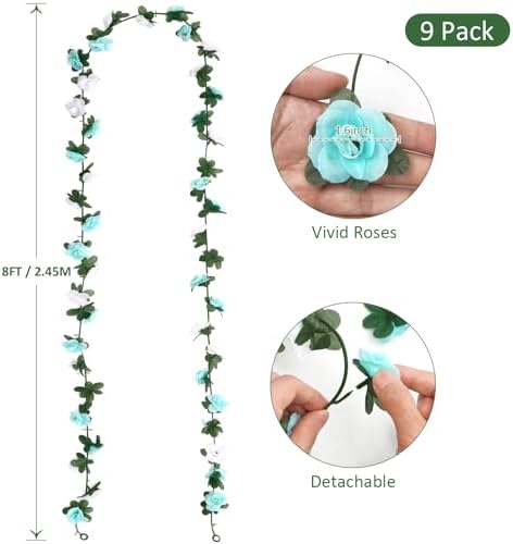 9 Pack 72 FT Artificial Flower Garland Fake Blue White Roses Vines Flowers, alternate view 3