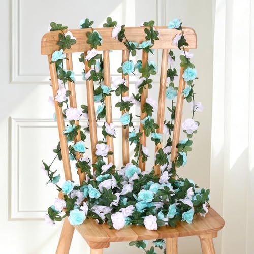 9 Pack 72 FT Artificial Flower Garland Fake Blue White Roses Vines Flowers, alternate view 5