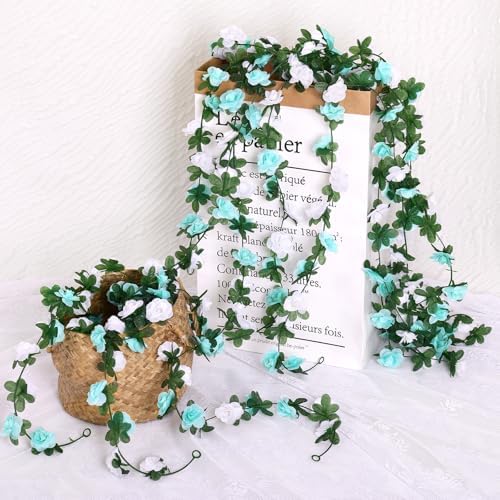 9 Pack 72 FT Artificial Flower Garland Fake Blue White Roses Vines Flowers, alternate view 6