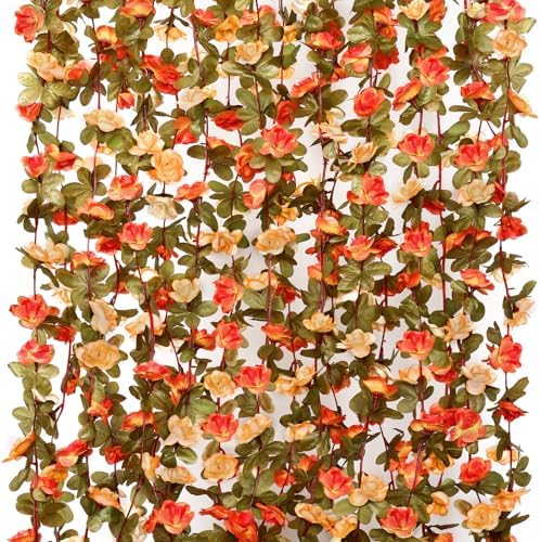 9 Pack 72 FT Artificial Flower Garland Fake Orange Roses Vines Silk Flowers