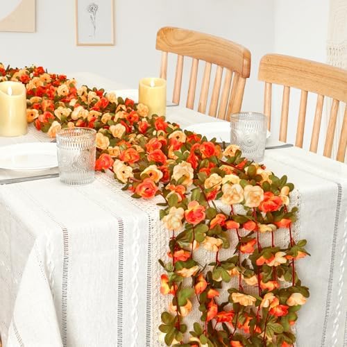 9 Pack 72 FT Artificial Flower Garland Fake Orange Roses Vines Silk Flowers, alternate view 2