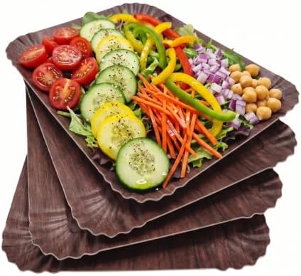 9 Pack Large Disposable Serving Trays, 16 x 12 Inch Rectangle Disposable Serving Platters, Wood Grain Paper Food
