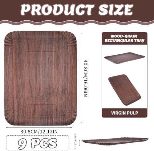 9 Pack Large Disposable Serving Trays, 16 x 12 Inch Rectangle Disposable Serving Platters, Wood Grain Paper Food, alternate