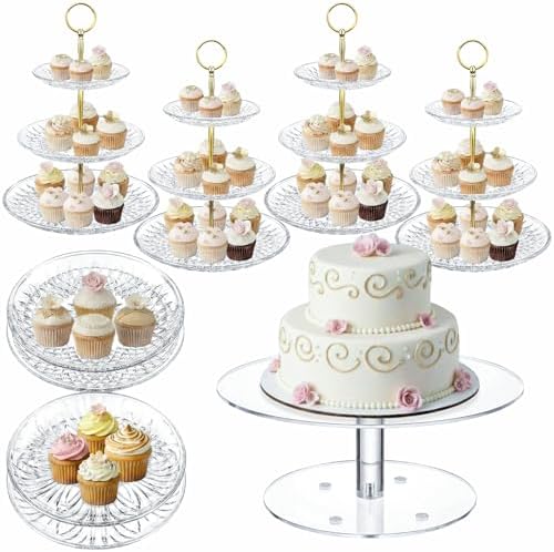9 Pcs Acrylic Cake Stand Set 4 Cupcake Tower 4 Tray 1 Pedestal in clear, gold