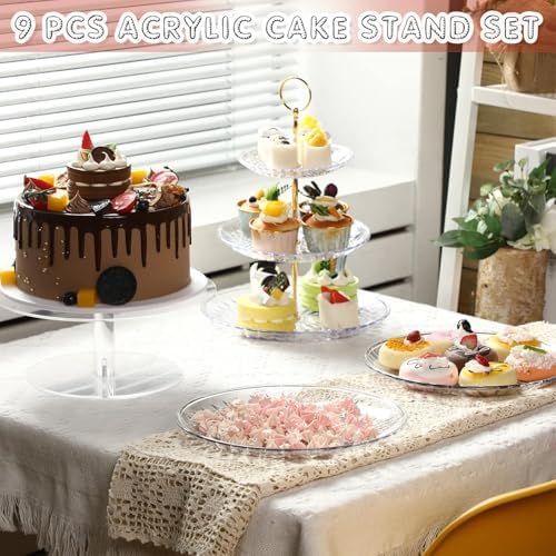9 Pcs Acrylic Cake Stand Set 4 Cupcake Tower 4 Tray 1 Pedestal in clear, gold, alternate view 2