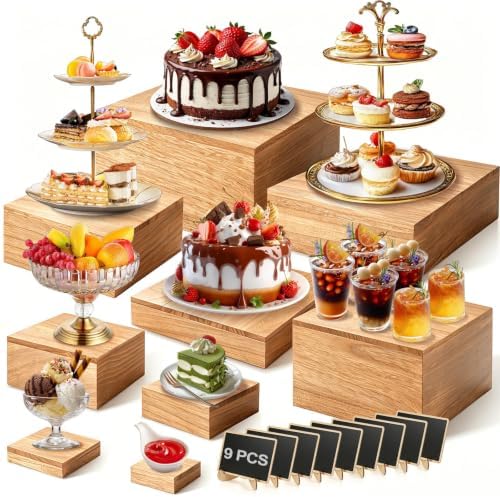 9 Pcs Extra Large 12" Wooden Buffet Risers Set with Mini Sign Food Risers for Buffet Table Multi Size Cake