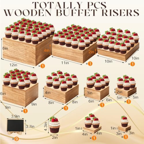 9 Pcs Extra Large 12" Wooden Buffet Risers Set with Mini Sign Food Risers for Buffet Table Multi Size Cake, alternate view 2