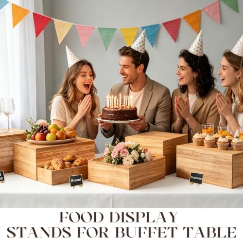 9 Pcs Extra Large 12" Wooden Buffet Risers Set with Mini Sign Food Risers for Buffet Table Multi Size Cake, alternate view 5