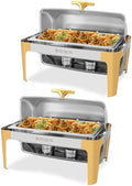 9 Quart 2 Packs Roll Top Chafing Dish Buffet Set Gold Accent, Stainless Steel Rectangular Chafer for Catering