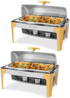 9 Quart 2 Packs Roll Top Chafing Dish Buffet Set Gold Accent, Stainless Steel Rectangular Chafer for Catering