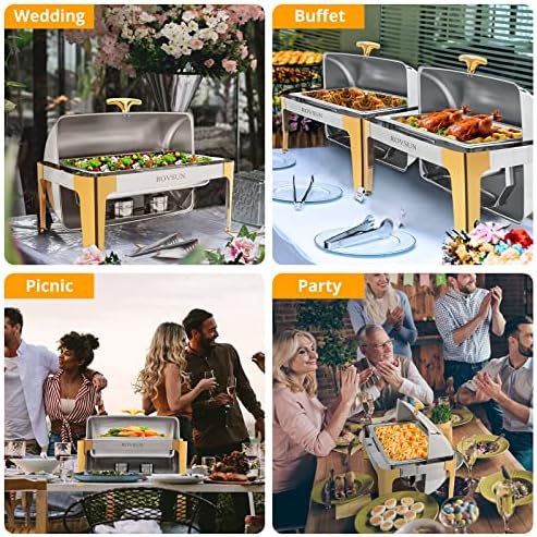 9 Quart 2 Packs Roll Top Chafing Dish Buffet Set Gold Accent, Stainless Steel Rectangular Chafer for Catering, alternate view