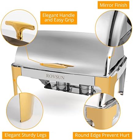 9 Quart 2 Packs Roll Top Chafing Dish Buffet Set Gold Accent, Stainless Steel Rectangular Chafer for Catering, alternate view