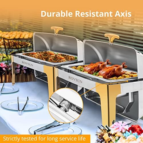 9 Quart 2 Packs Roll Top Chafing Dish Buffet Set Gold Accent, Stainless Steel Rectangular Chafer for Catering, alternate view