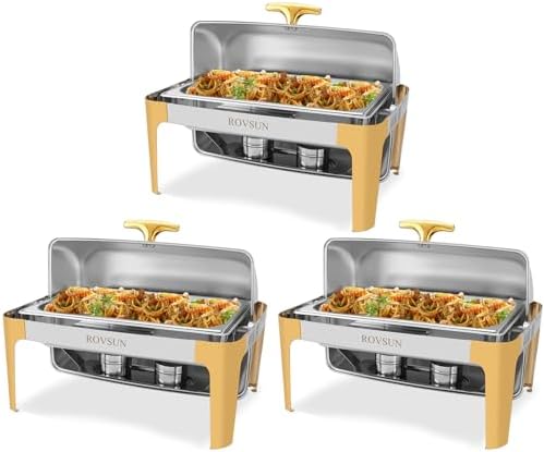 9 Quart 3 Packs Roll Top Chafing Dish Buffet Set Gold Accent, Stainless Steel Rectangular Chafer for Catering