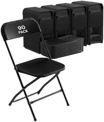 90 Pack Black Plastic Folding Chairs, Steel Frame,350lb