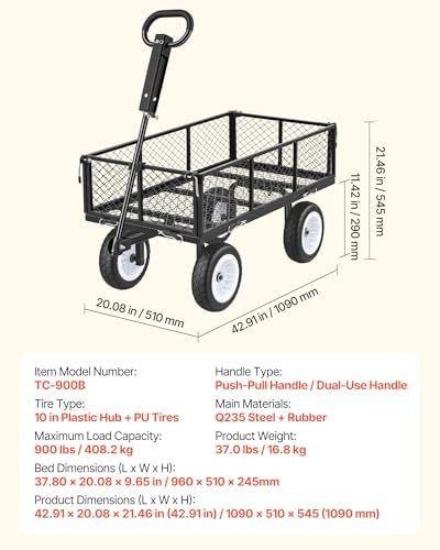 900 LBS Steel Garden Cart, 2 in 1 Handle, Heavy Duty Pullable Garden Wagon with 10" Flat-Free Tires, Outdoor, alternate view