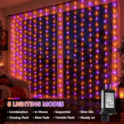 900 LED Orange and Purple Halloween Lights, Curtain Lights Plug in, 8 Modes Hanging String Lights for Bedroom, alternate view