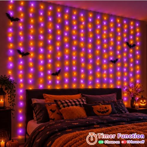 900 LED Orange and Purple Halloween Lights, Curtain Lights Plug in, 8 Modes Hanging String Lights for Bedroom, alternate view