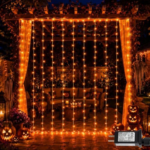900 LED Orange Curtain Lights, 29.6×9.8ft Halloween Lights with Plug in, 8 Modes Hanging String Lights for