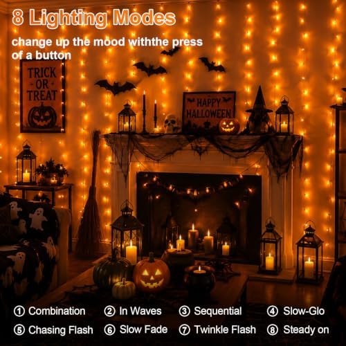 900 LED Orange Curtain Lights, 29.6×9.8ft Halloween Lights with Plug in, 8 Modes Hanging String Lights for, alternate view 2