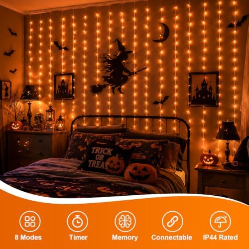 900 LED Orange Curtain Lights, 29.6×9.8ft Halloween Lights with Plug in, 8 Modes Hanging String Lights for, alternate view 4