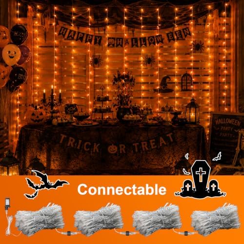 900 LED Orange Curtain Lights, 29.6×9.8ft Halloween Lights with Plug in, 8 Modes Hanging String Lights for, alternate view 7