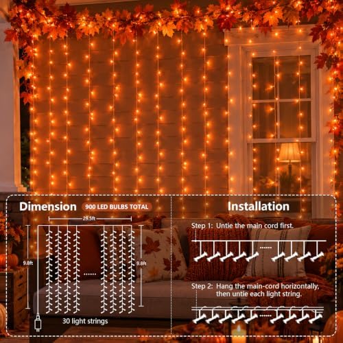 900 LED Orange Halloween Lights, Curtain Lights Plug in 9.8x29.5ft in 9.8x29.5ft, alternate view 4