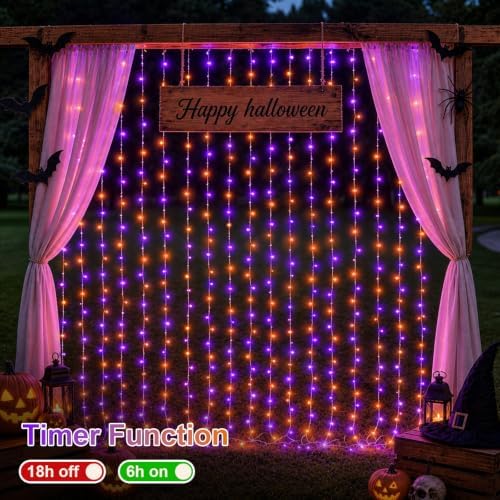 900 LED Orange Purple Curtain Lights, 29.4×9.8ft Halloween Curtain Lights with Plug in, 8 Modes Hanging String, alternate