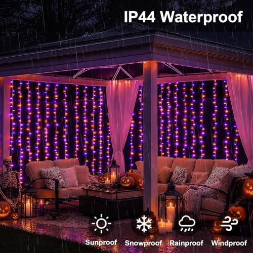900 LED Orange Purple Curtain Lights, 29.4×9.8ft Halloween Curtain Lights with Plug in, 8 Modes Hanging String, alternate