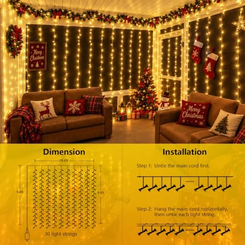 900 LED Warm White Curtain Lights, 29.4×9.8ft Christmas Curtain Lights with Plug in, 8 Modes Hanging String, alternate view 3