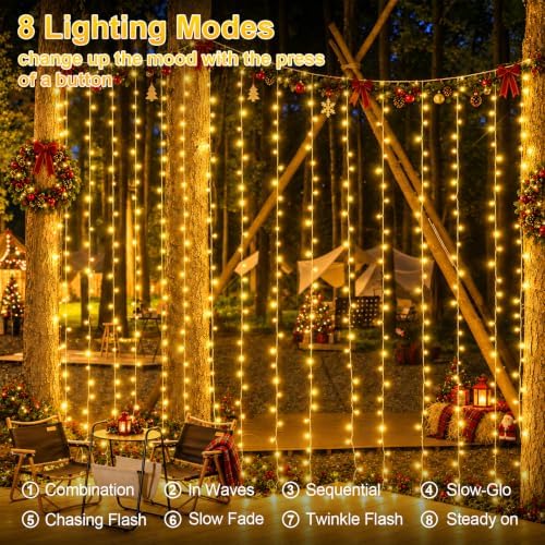 900 LED Warm White Curtain Lights, 29.4×9.8ft Christmas Curtain Lights with Plug in, 8 Modes Hanging String, alternate view 5