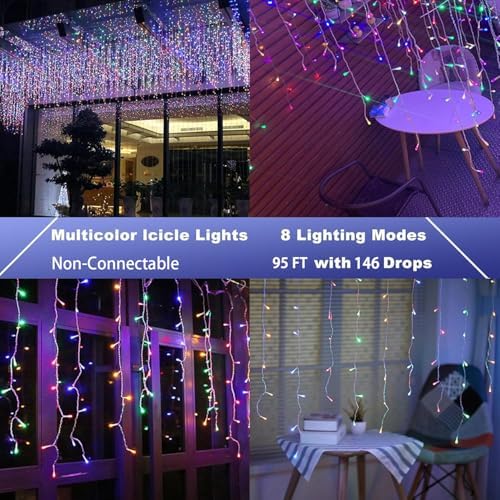 95FT Christmas Icicle Lights Outdoor Non-Connectable Multicolor, alternate view 4