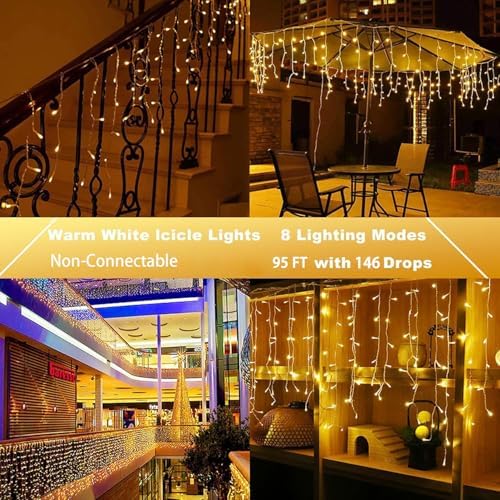 95FT Christmas Icicle Lights Outdoor Non-Connectable Warm White, alternate view 4