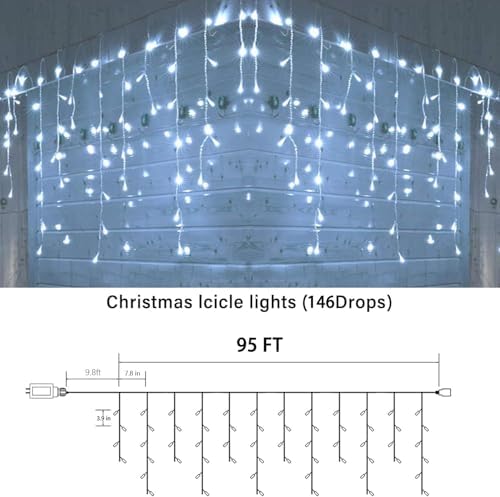 95FT Christmas Icicle Lights Outdoor Non-Connectable White, alternate view 3