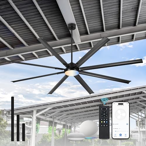 96 Inch Industrial Ceiling Fan with Light, Aluminum Blades, Black in Matte Black