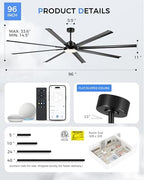 96 Inch Industrial Ceiling Fan with Light, Aluminum Blades, Black in Matte Black, alternate view 6