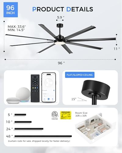 96 Inch Industrial Ceiling Fan with Light, Aluminum Blades, Black in Matte Black, alternate view 6