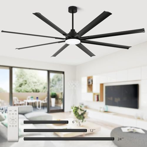 96 Inch Industrial Ceiling Fan with Light and Remote Control, Large Ceiling Fans with 8 Reversible Aluminum