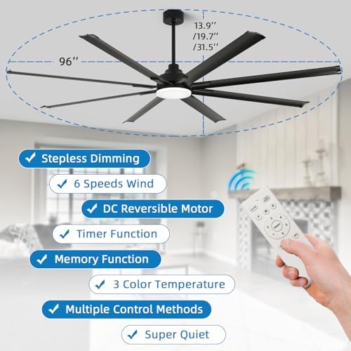 96 Inch Industrial Ceiling Fan with Light and Remote Control, Large Ceiling Fans with 8 Reversible Aluminum, alternate view 2