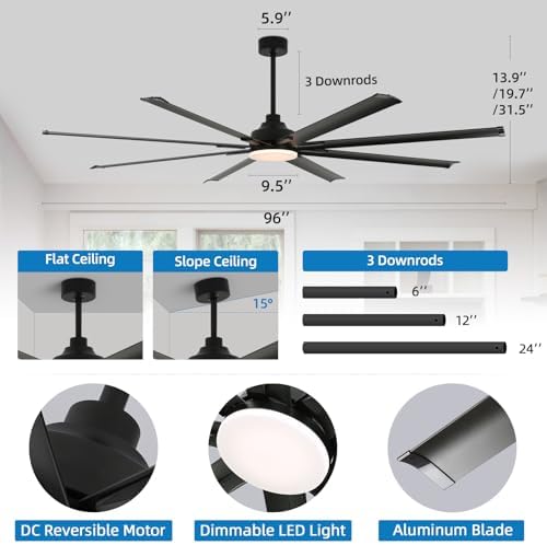 96 Inch Industrial Ceiling Fan with Light and Remote Control, Large Ceiling Fans with 8 Reversible Aluminum, alternate view 3