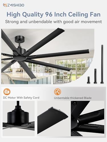 96 Inch Industrial Ceiling Fan without Light, 8 Aluminum Blades in Black, alternate view 2