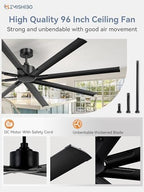 96 Inch Industrial Ceiling Fan without Light, 8 Aluminum Blades in Black, alternate view 2