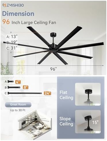 96 Inch Industrial Ceiling Fan without Light, 8 Aluminum Blades in Black, alternate view 6