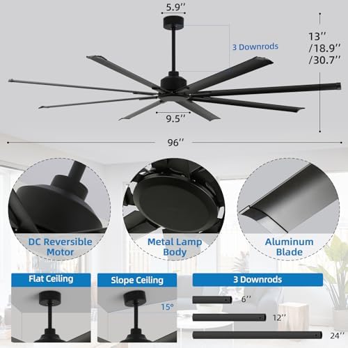 96 Inch Industrial Ceiling Fans without Lights, Large Ceiling Fan with 8 Reversible Aluminum Blades, 6 Speed, alternate view
